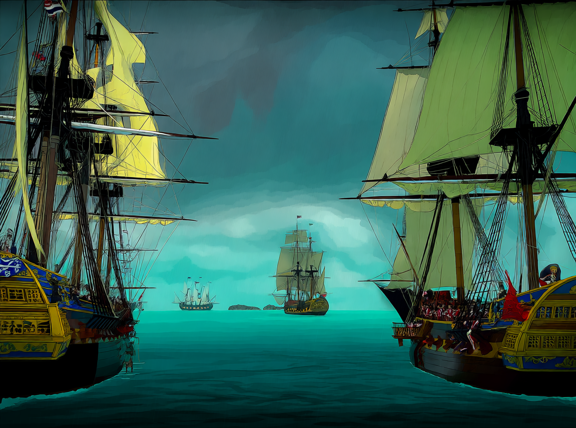 Illustration of a naval battle with British ships of the line and pirate corvettes in the Caribbean Sea.