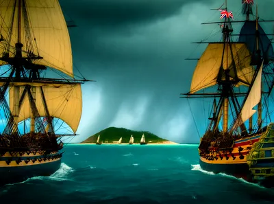 Two large 18th-century British ships of the line flank a central view of Tortuga Island with smaller pirate corvettes, under a stormy teal sky.