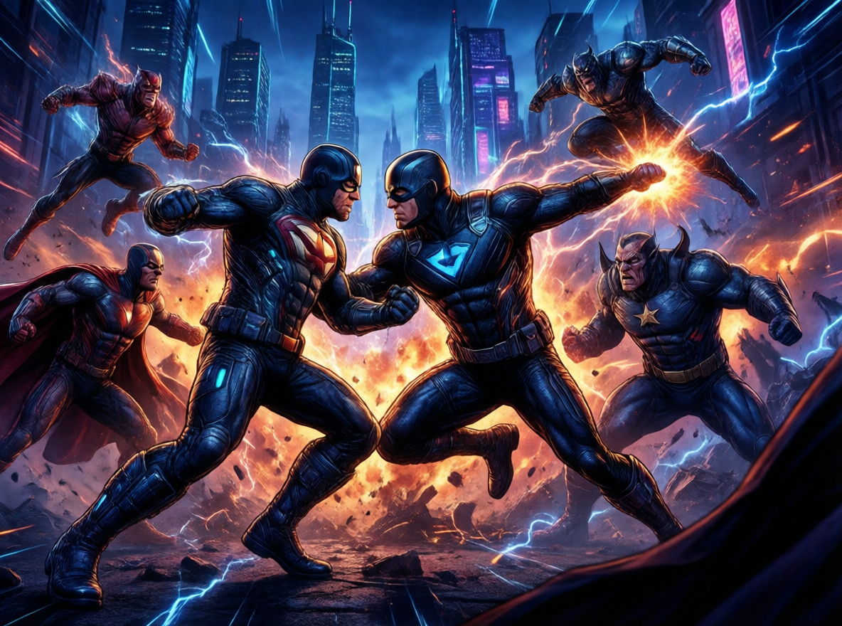 A group of superheroes in futuristic suits fight against supervillains in a city at night, with energy effects and explosions.