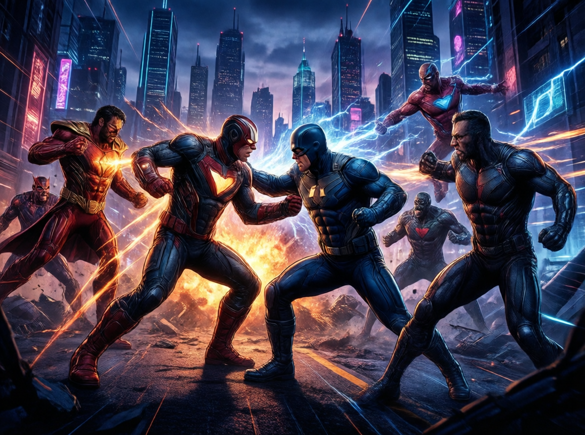 A group of superheroes in futuristic costumes battle villains in a city at night, with energy effects and neon lights.