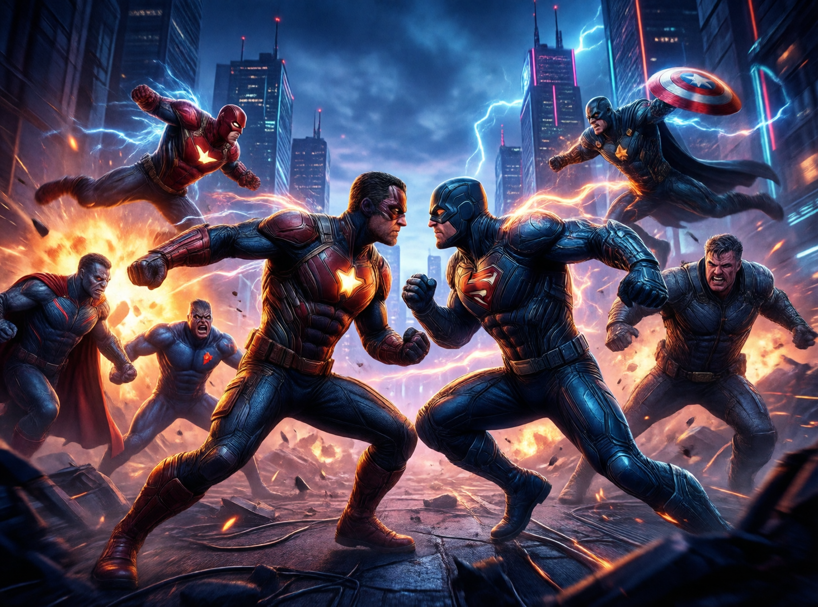 A group of superheroes in futuristic suits battle supervillains in a city with neon lights and lightning.