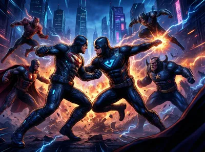A group of superheroes in futuristic suits fight against supervillains in a city at night, with energy effects and explosions.