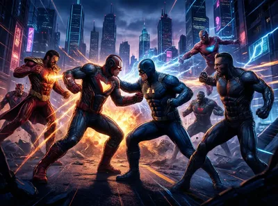 A group of superheroes in futuristic costumes battle villains in a city at night, with energy effects and neon lights.