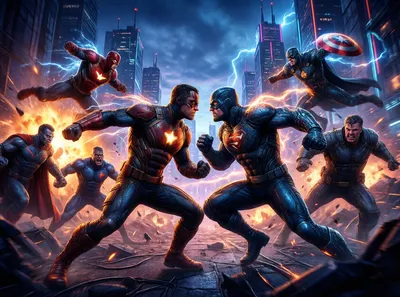 A group of superheroes in futuristic suits battle supervillains in a city with neon lights and lightning.