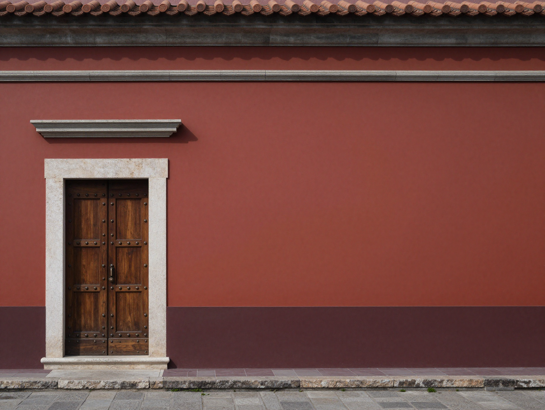 A photorealistic image of a red wall with a wooden door and stone accents.