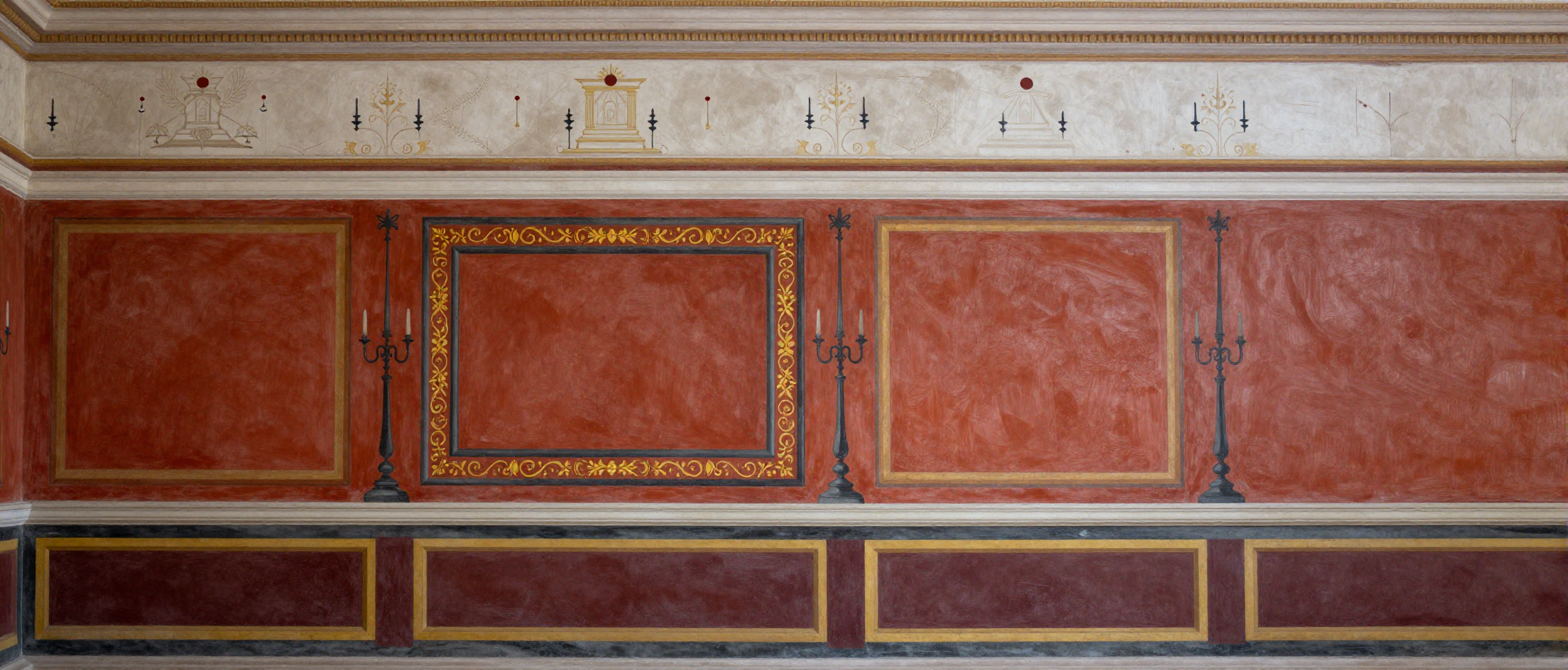 A symmetrical wall fresco in the style of ancient Rome, featuring red panels and decorative elements.