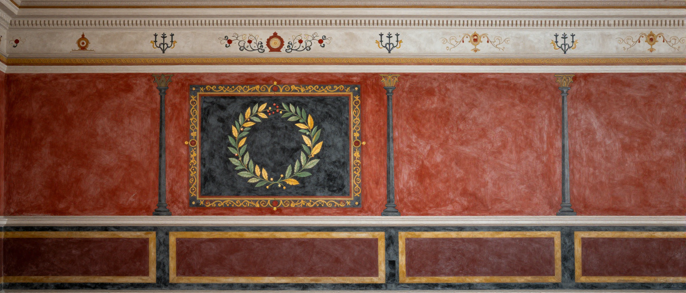 A symmetrical fresco of an ancient Roman interior wall. The wall is divided into three registers, with a central panel featuring a laurel wreath. The colors are predominantly red, black, gold, and green.