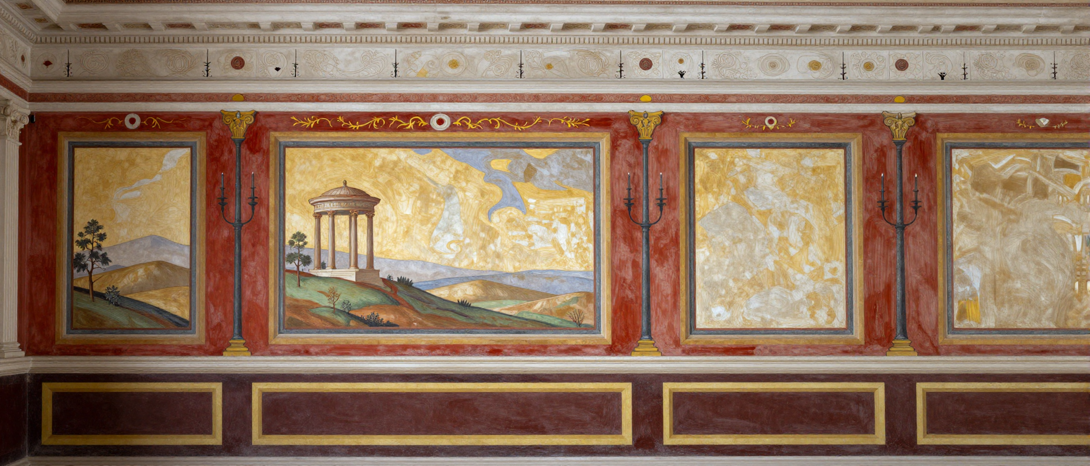 A photorealistic fresco of a Roman interior wall, featuring a landscape painting within a framed panel, flanked by candelabra and decorative elements.