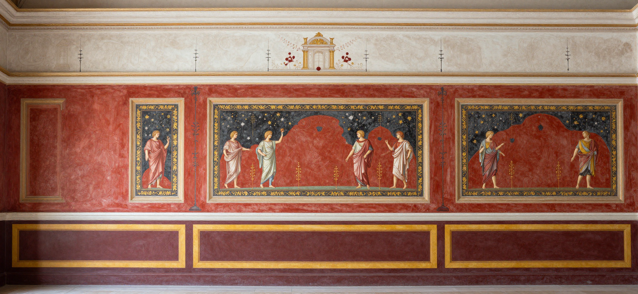 A photorealistic depiction of a Roman fresco, showcasing mythological figures and architectural details in a symmetrical composition.