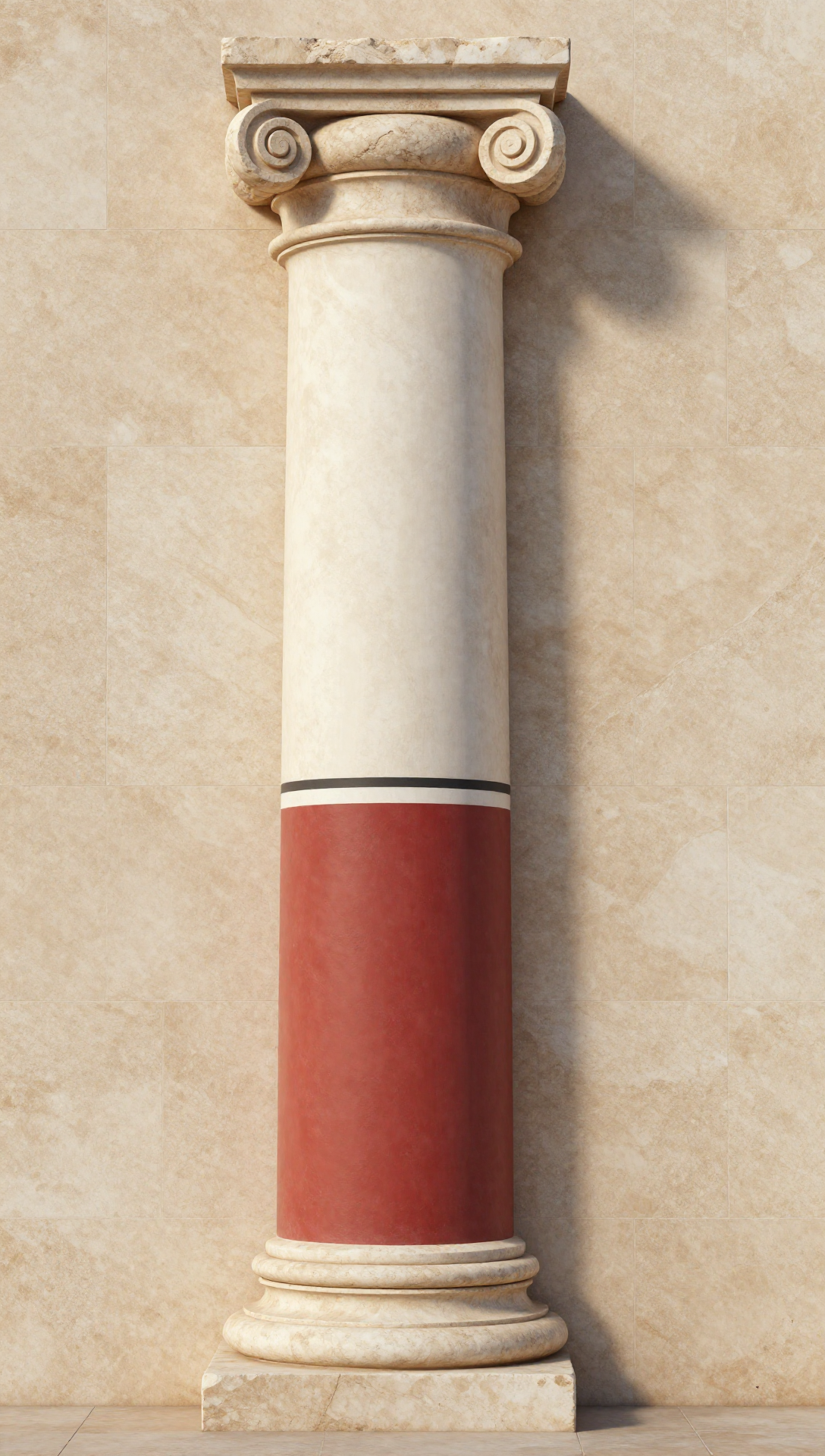 A detailed image of a Tuscan column with a red and white shaft, a stone base, and a simple capital, set against a beige tiled background.