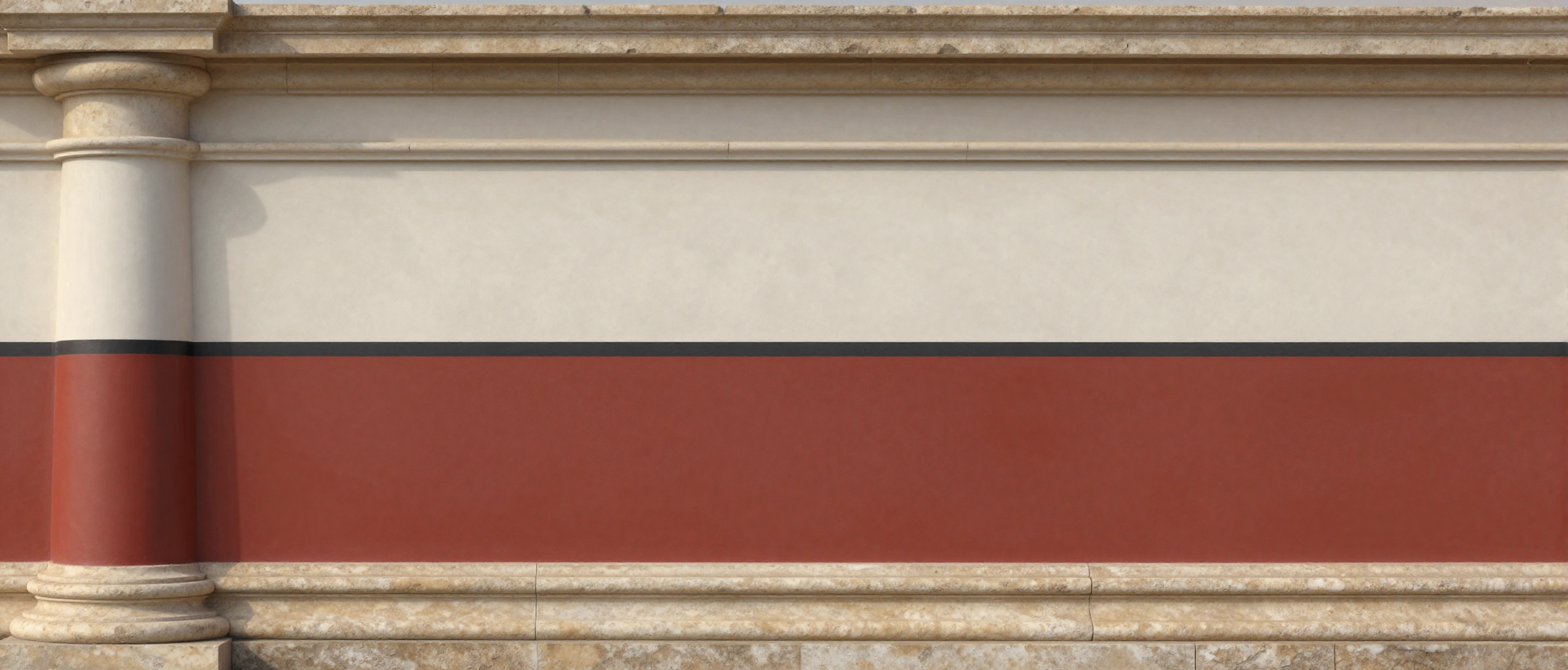 A photorealistic, flat, orthographic view of a section of a Roman Tuscan column. The column is divided into a base, a shaft, and a capital. The shaft is painted in red and white stucco with a black line separating the two colors.