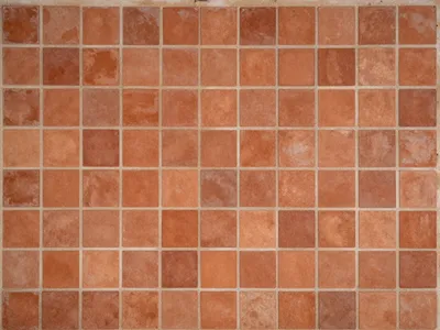 Overhead view of a grid of square terracotta tiles with light mortar joints.