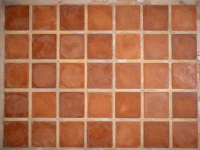 Close-up of a grid of terracotta tiles with pale mortar joints.