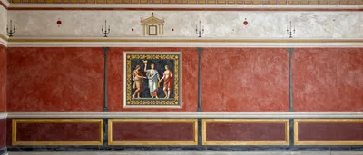 A photorealistic depiction of a Roman fresco, featuring a red background, architectural elements, and a central panel with classical figures.