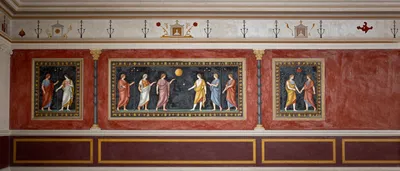 A photorealistic fresco of a Roman wall, featuring mythological scenes and decorative elements.