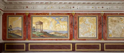 A photorealistic fresco of a Roman interior wall, featuring a landscape painting within a framed panel, flanked by candelabra and decorative elements.