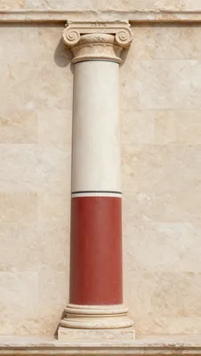 A photorealistic image of a Tuscan column with a red and white shaft, set against a beige tiled background.