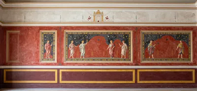 A photorealistic depiction of a Roman fresco, showcasing mythological figures and architectural details in a symmetrical composition.
