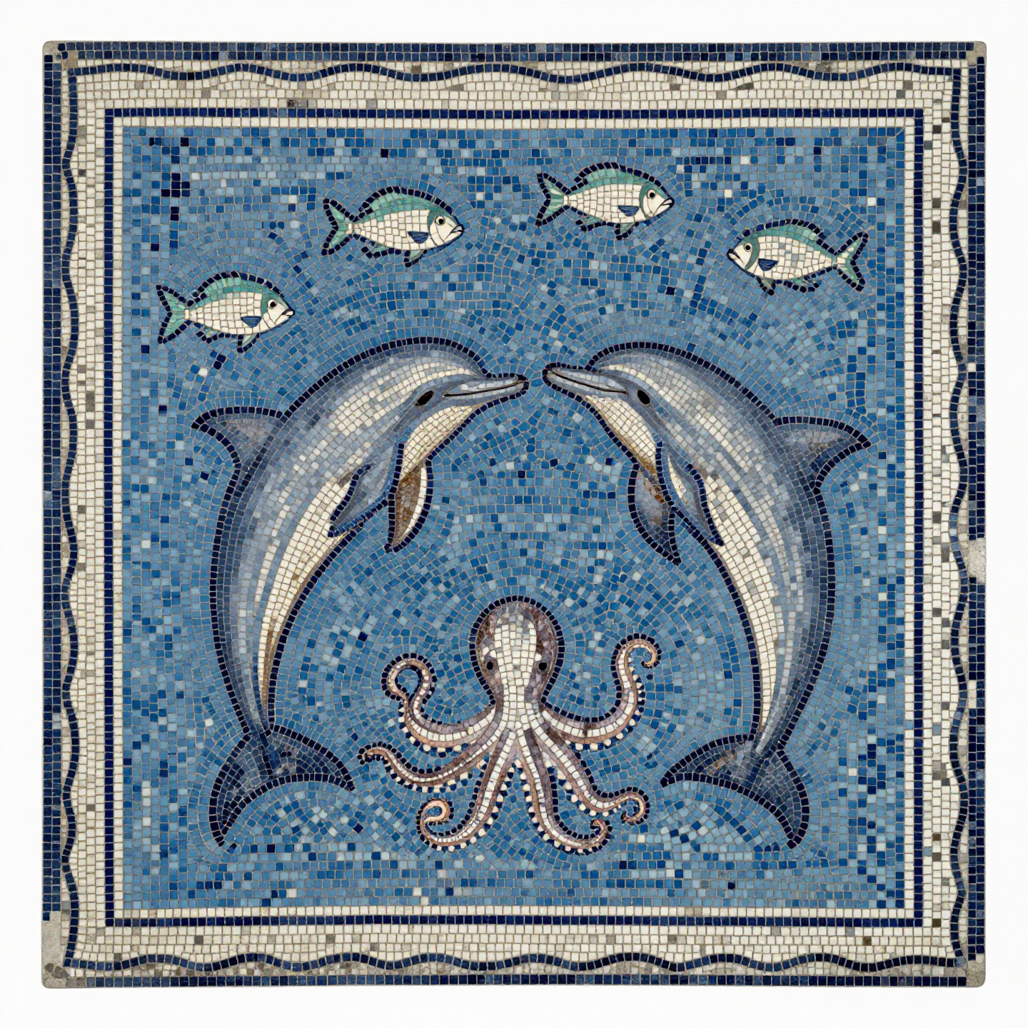 A square Roman mosaic panel featuring two dolphins, an octopus, and fish against a blue background.