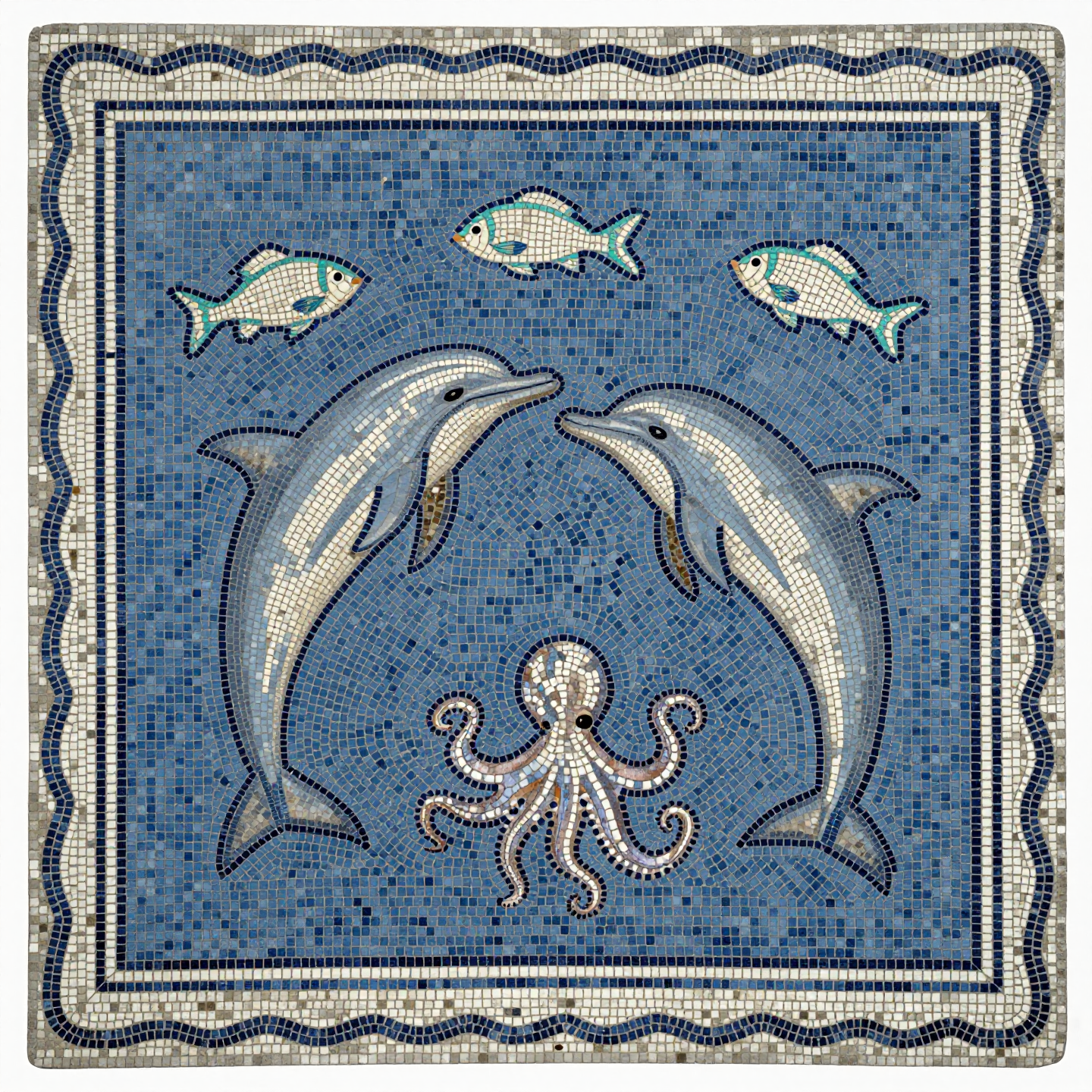 A square Roman mosaic panel featuring two dolphins, three fish, and an octopus on a blue background.