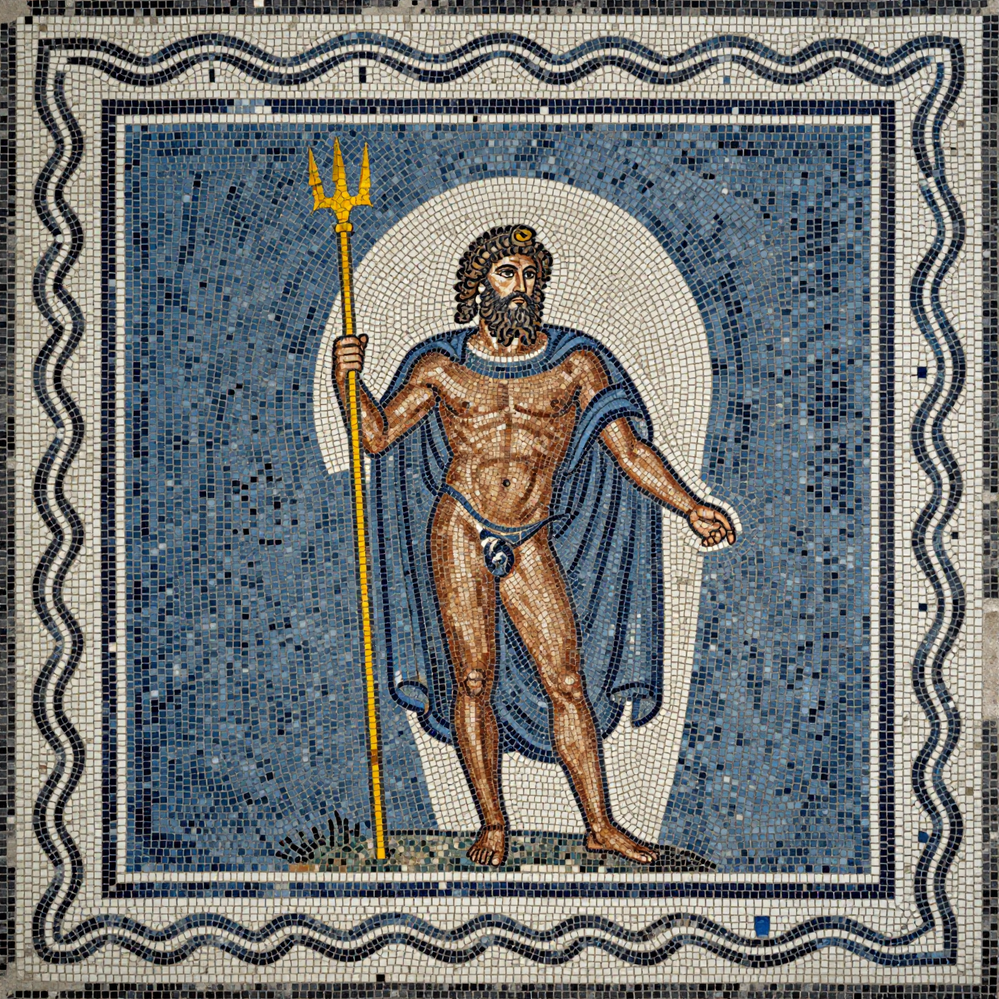 A mosaic of Poseidon holding a trident, surrounded by a blue background and a decorative border.