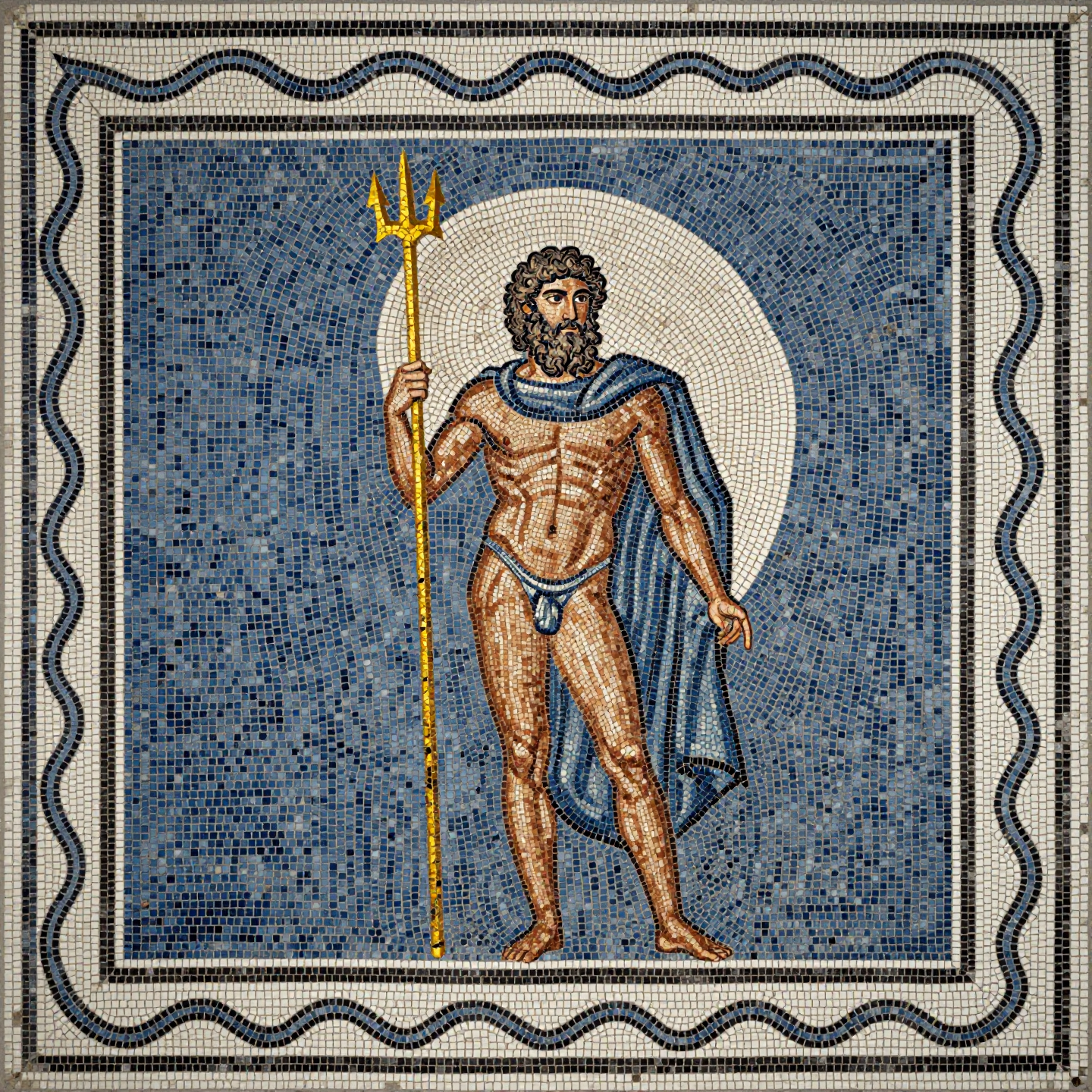 A mosaic of Poseidon holding a trident, surrounded by a blue background.