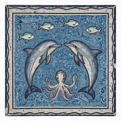 A square Roman mosaic panel featuring two dolphins, an octopus, and fish against a blue background.