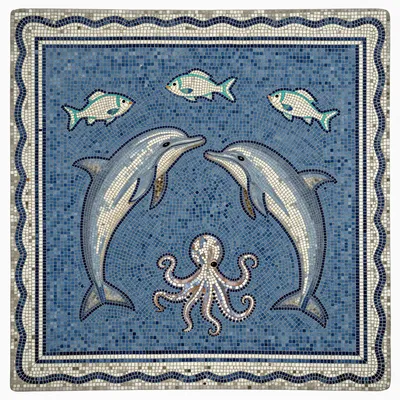 A square Roman mosaic panel featuring two dolphins, three fish, and an octopus on a blue background.