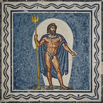 A mosaic of Poseidon holding a trident, surrounded by a blue background and a decorative border.