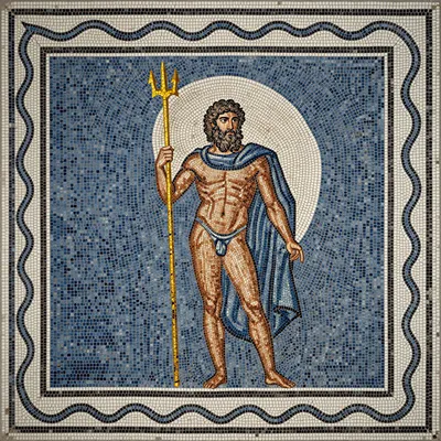 A mosaic of Poseidon holding a trident, surrounded by a blue background.