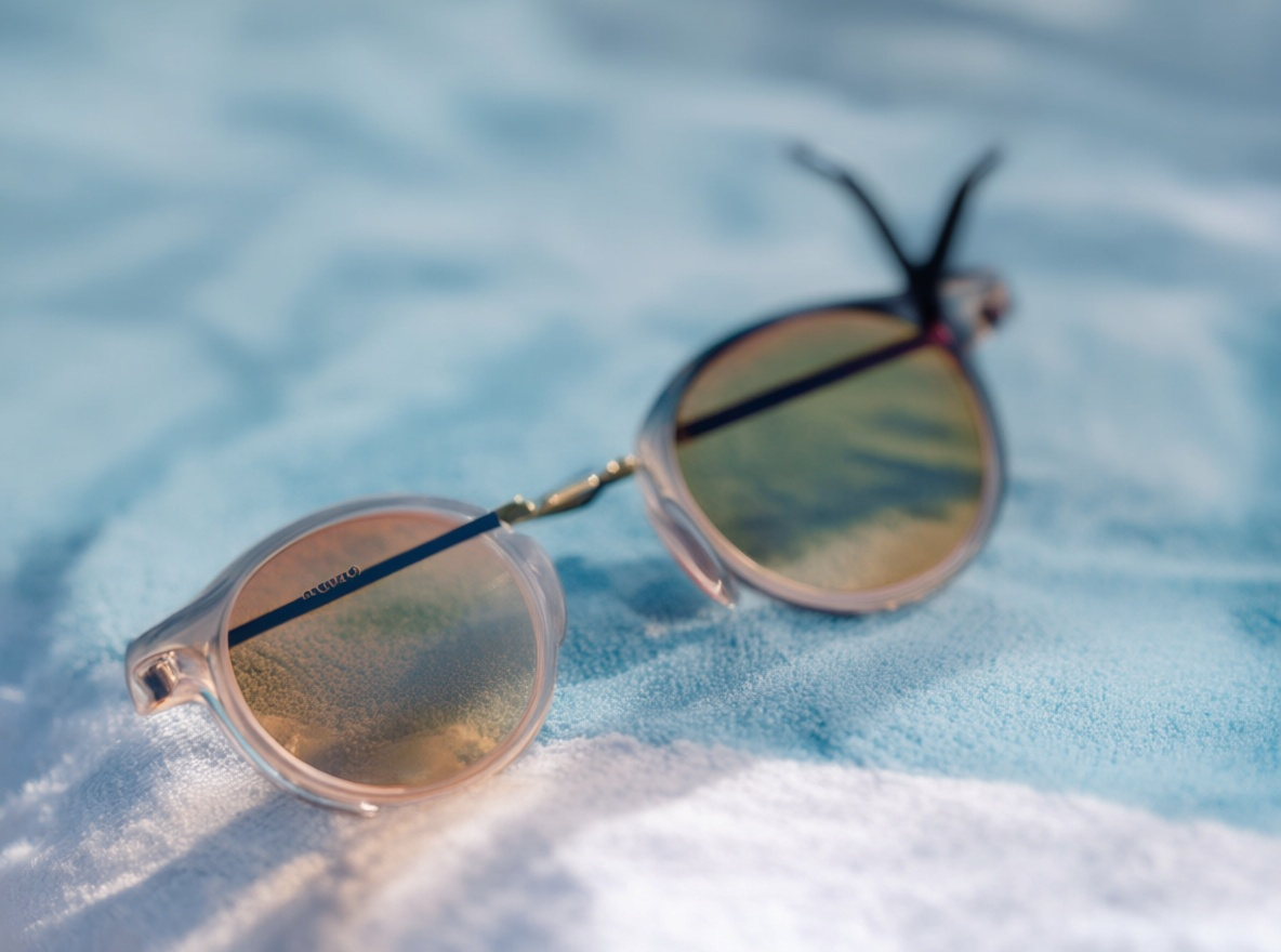 Close-up of designer sunglasses on a blue towel, with a soft focus and shallow depth of field.