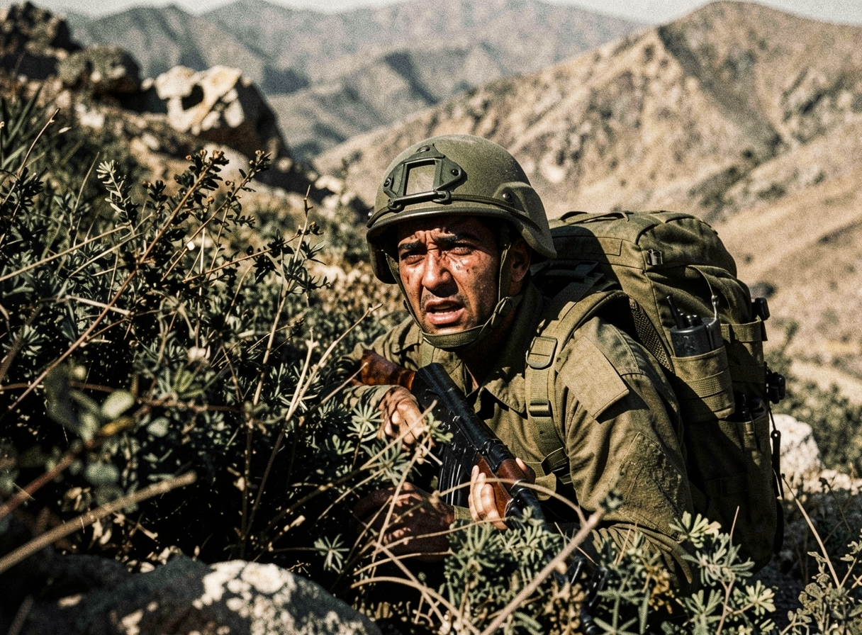 A soldier in combat gear, holding a rifle, hidden in vegetation, with mountains in the background.