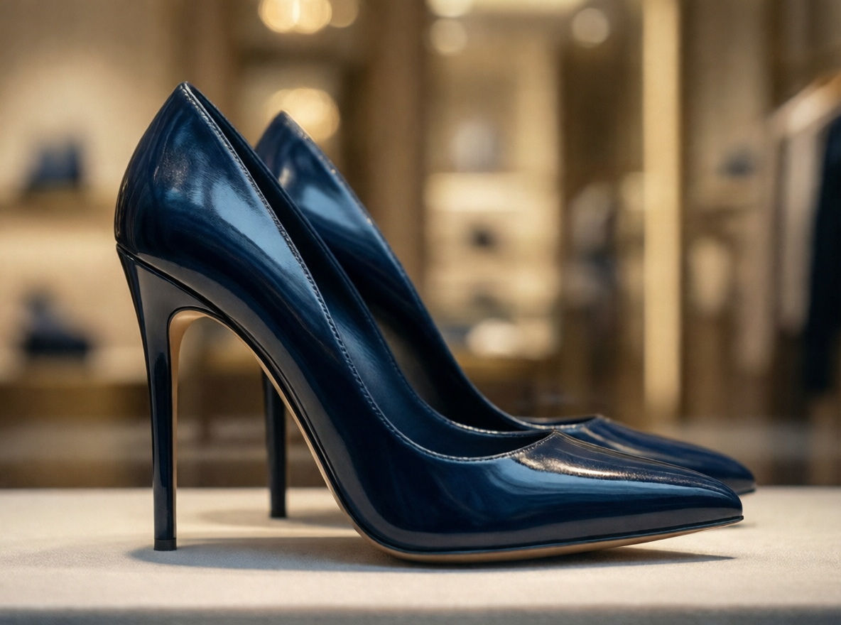 A pair of navy blue stiletto heels on display in a store.