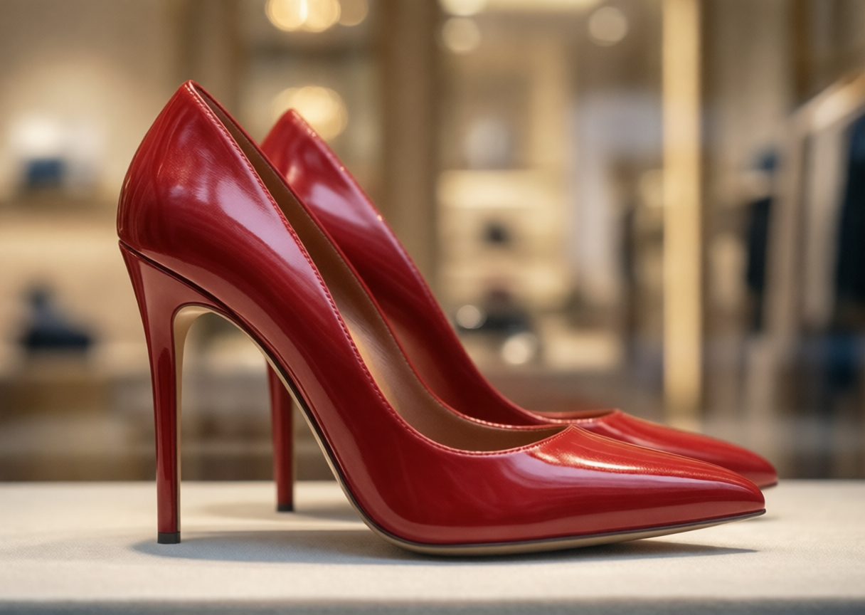 A pair of bright red stiletto heels on display in a store window.