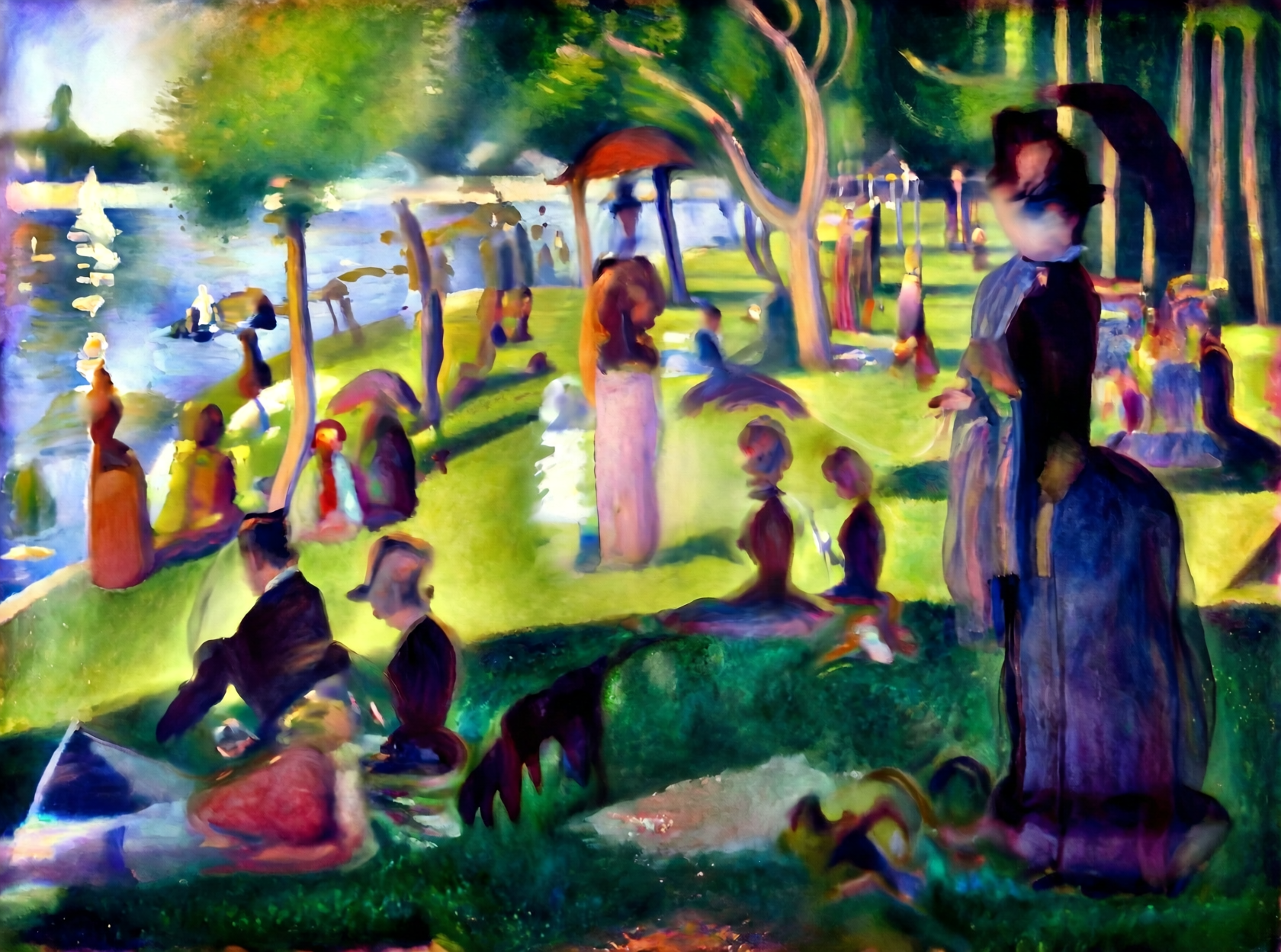 An impressionistic painting of a park scene with figures, trees, and water, in a soft, dreamlike style.