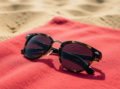 Close-up of sunglasses on a red towel at the beach.