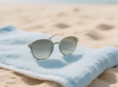 Close-up of sunglasses on a blue towel on a sandy beach.