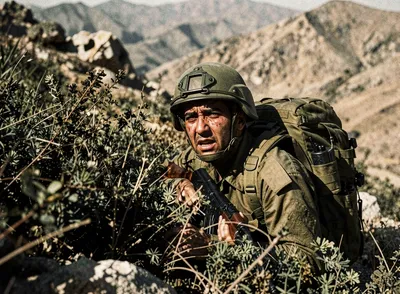 A soldier in combat gear, holding a rifle, hidden in vegetation, with mountains in the background.
