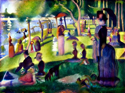 An impressionistic painting of a park scene with figures, trees, and water, in a soft, dreamlike style.