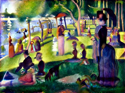An impressionistic painting of a park scene with figures, trees, and water, in a soft, dreamlike style.