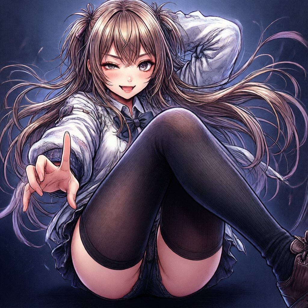 Anime-style illustration of a girl in a school uniform, winking and pointing towards the viewer.