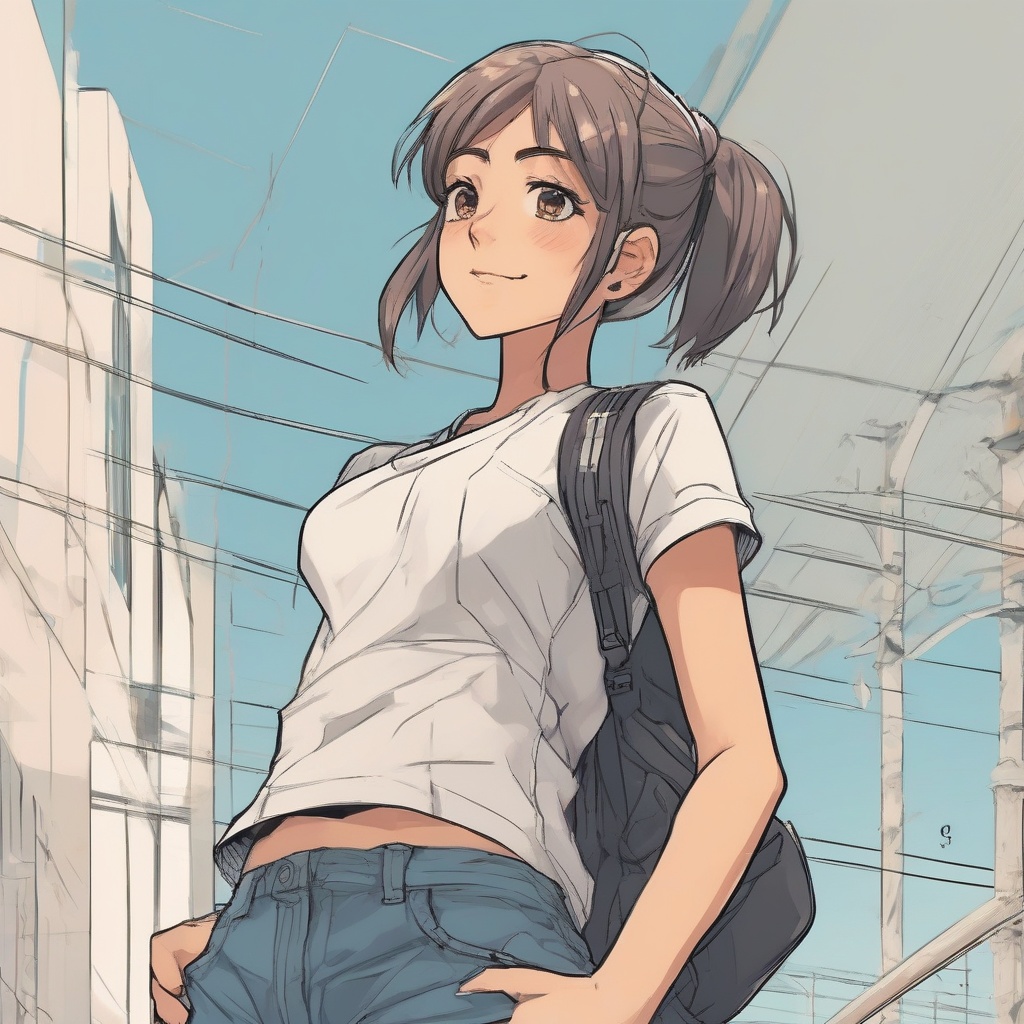 Anime-style illustration of a young woman with a ponytail, wearing a white t-shirt and jeans, with a backpack.