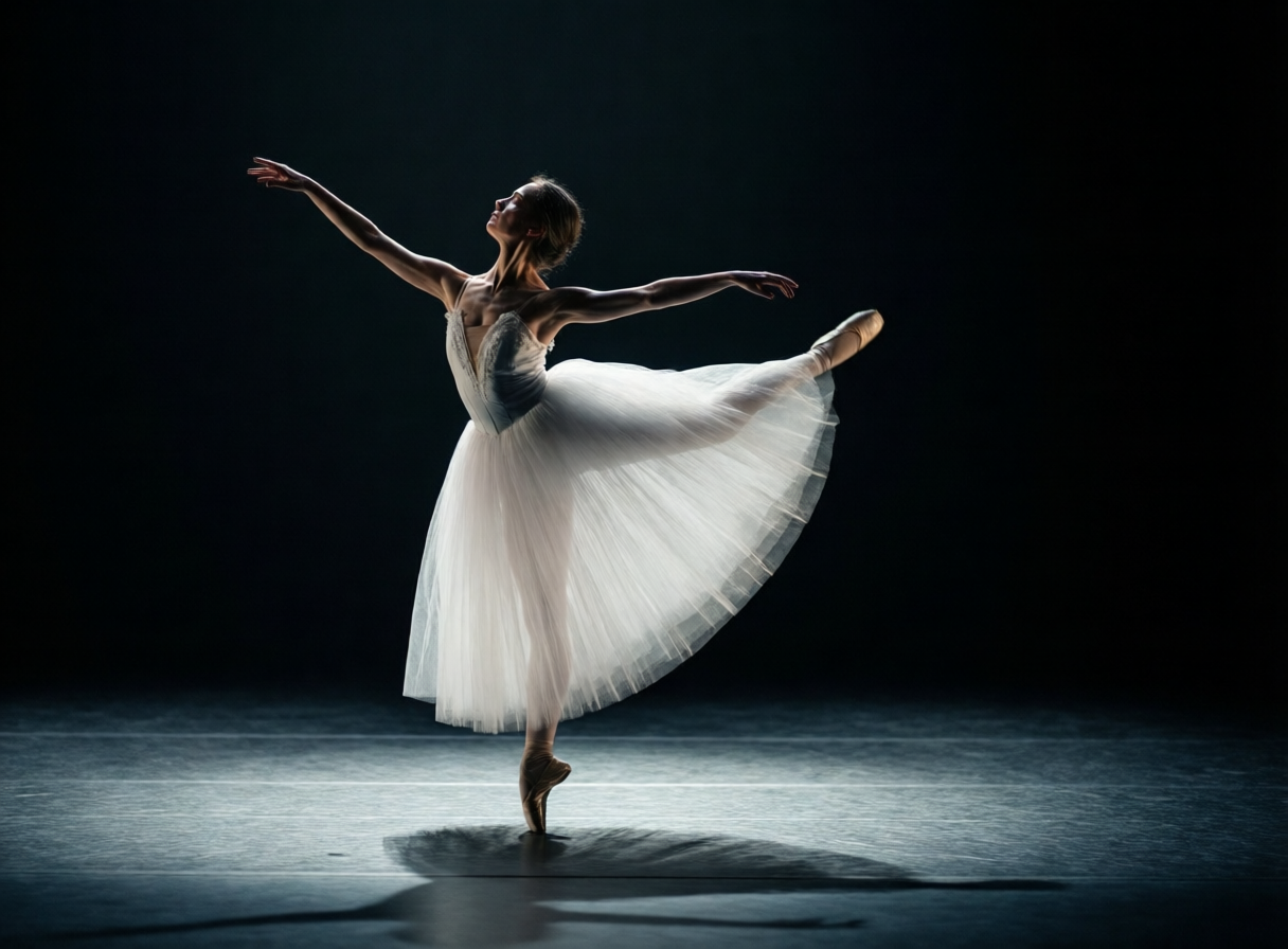 A ballerina in a white tutu performs an arabesque on a dark stage, lit by a spotlight.
