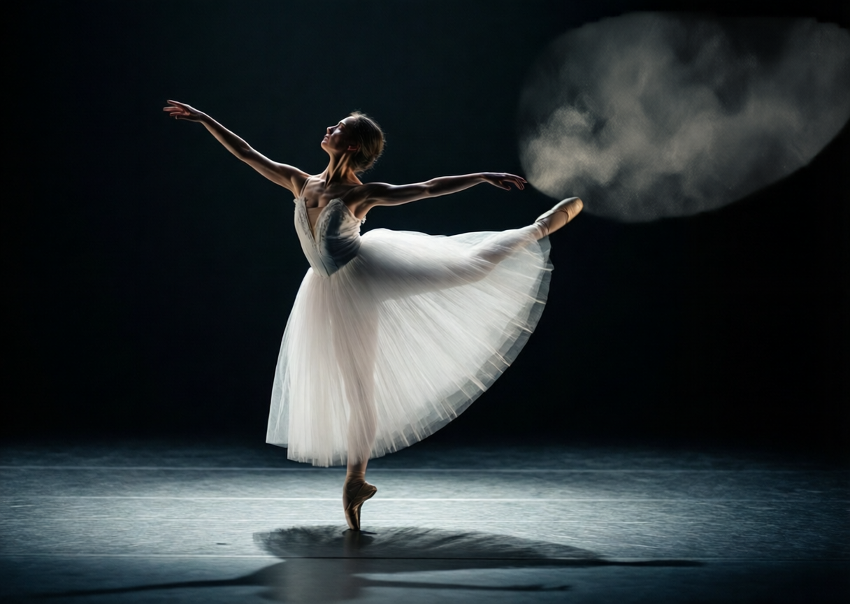A ballerina in a white tutu balances en pointe, arms outstretched, under a spotlight.