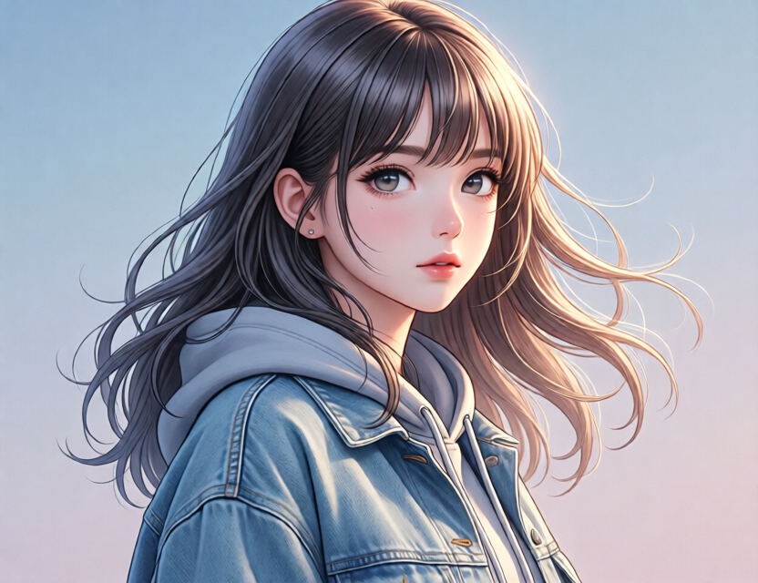 Anime-style portrait of a young woman in a denim jacket, looking at the viewer.