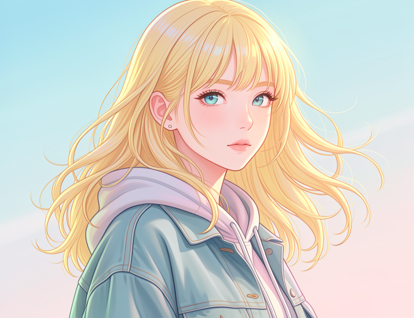 Anime-style portrait of a young woman with blonde hair, blue eyes, and casual clothing.