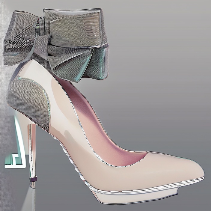 A high-heeled pump with a large bow on a reflective surface.