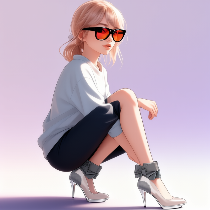 Anime girl wearing sunglasses and high heels, sitting with legs bent. Soft pastel background.
