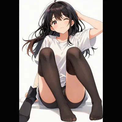Anime-style illustration of a teenage girl sitting and winking. She wears a white t-shirt and black stockings.