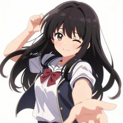 Anime-style illustration of a teenage girl in a school uniform, winking and extending her hand.